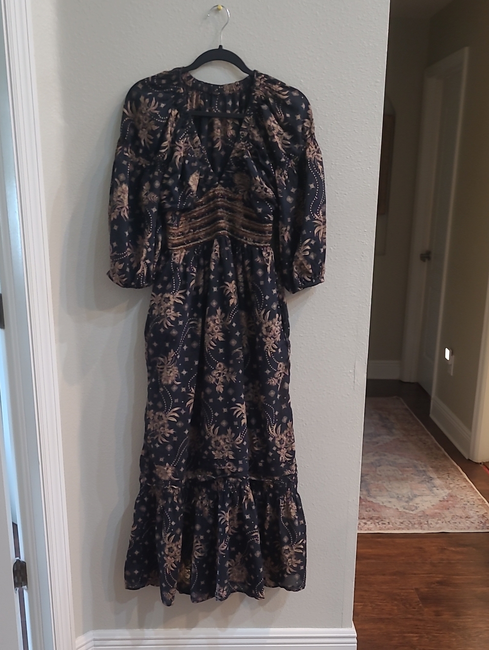 Free People Black Maxi Dress with Tan Floral Print Boho, Natural Material Size M - Picture 2 of 10